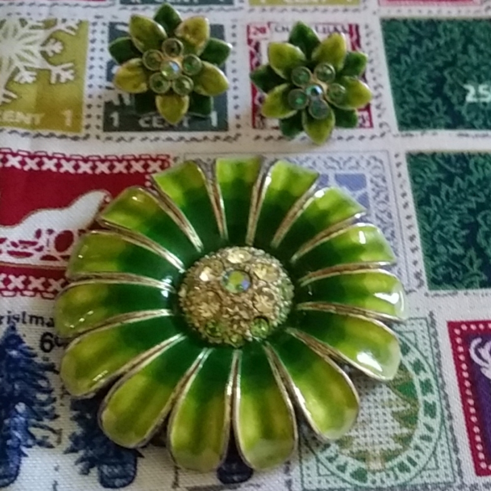 Vintage Pendant/Earring Set Silver Tone Enamel